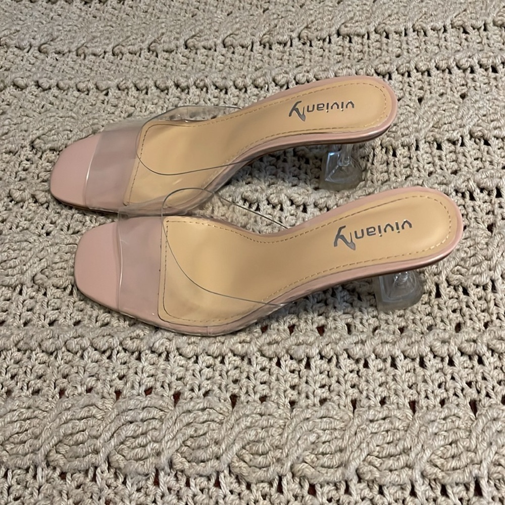 Vivianly Clear  pink Flared Stiletto Heels Mules women’s Size 9 Square Peep Toe‎